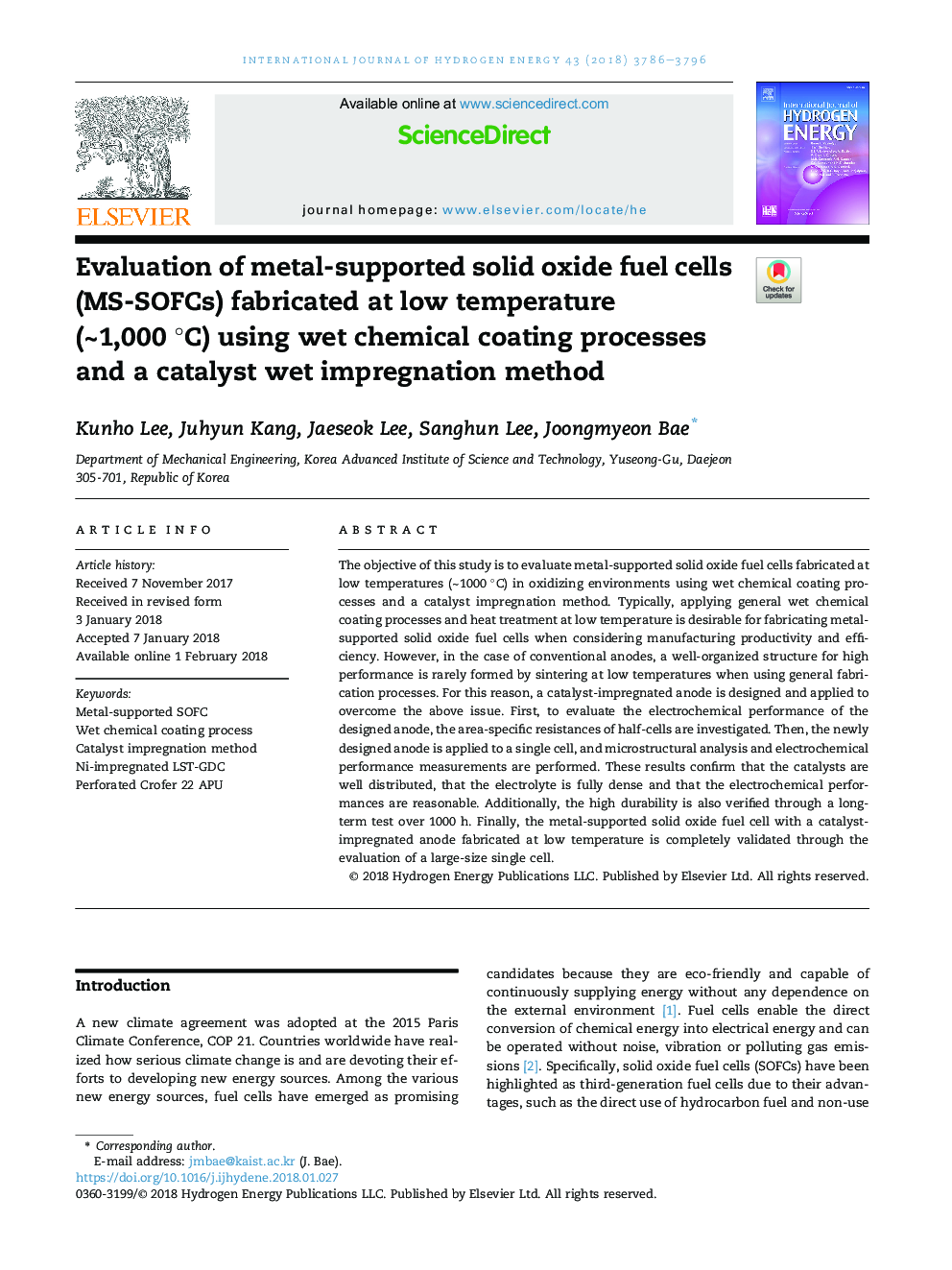 Evaluation of metal-supported solid oxide fuel cells (MS-SOFCs) fabricated at low temperature (â¼1,000Â Â°C) using wet chemical coating processes and a catalyst wet impregnation method