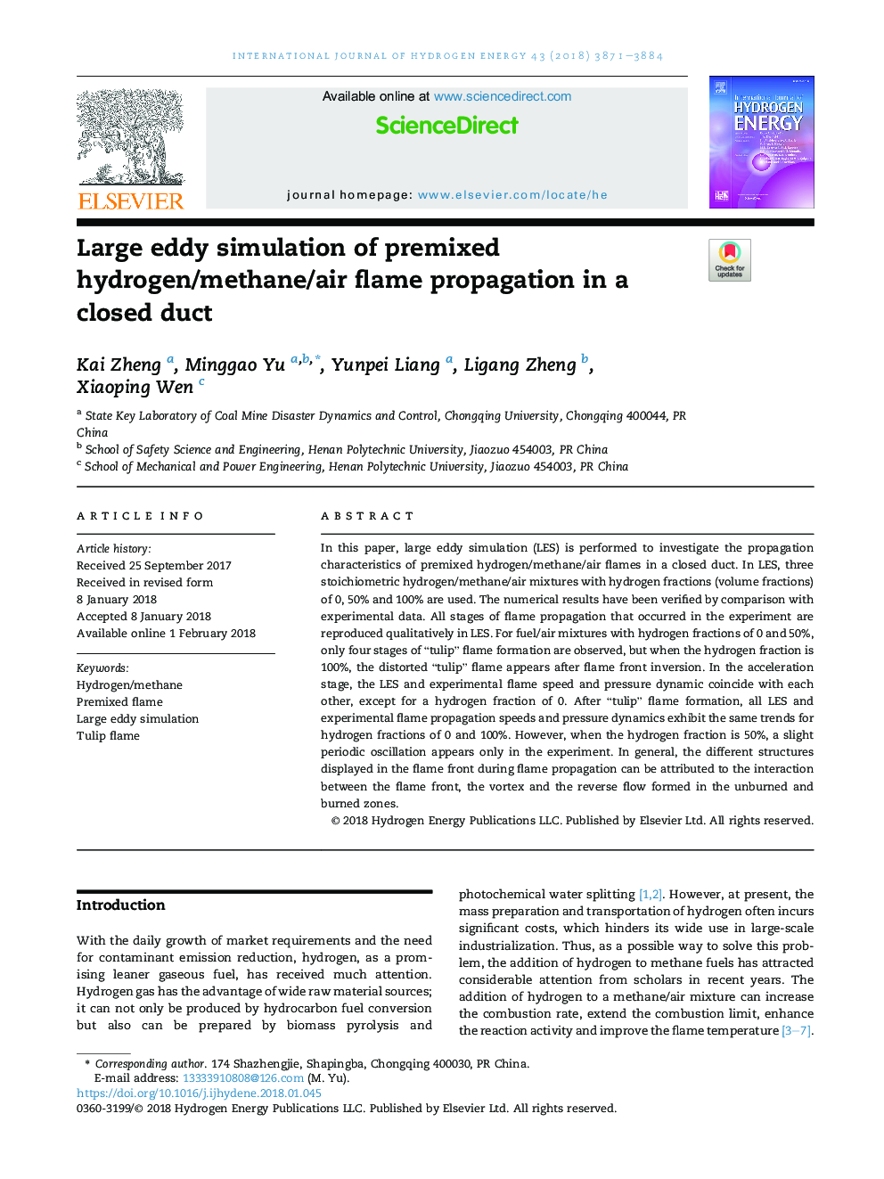 Large eddy simulation of premixed hydrogen/methane/air flame propagation in a closed duct