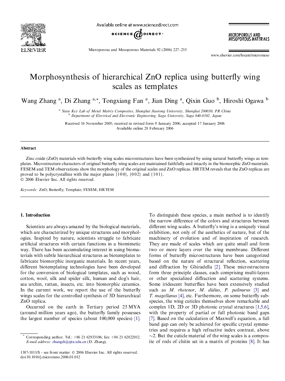 Morphosynthesis of hierarchical ZnO replica using butterfly wing scales as templates