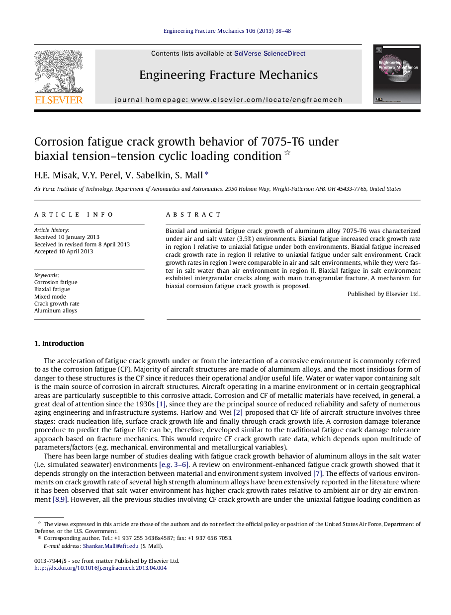 Corrosion fatigue crack growth behavior of 7075-T6 under biaxial tension–tension cyclic loading condition 