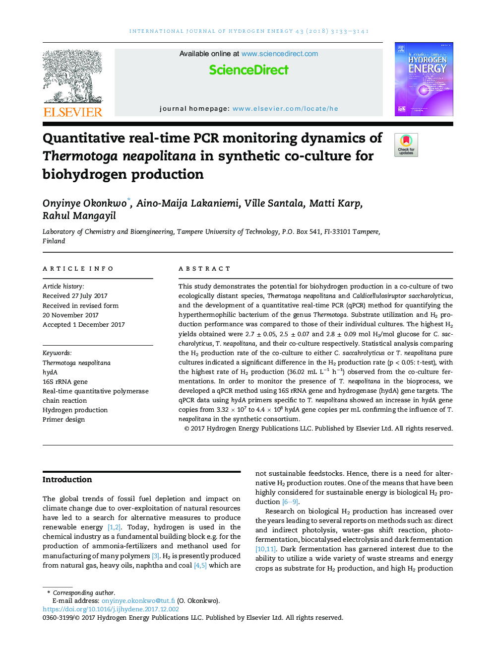Quantitative real-time PCR monitoring dynamics of Thermotoga neapolitana in synthetic co-culture for biohydrogen production