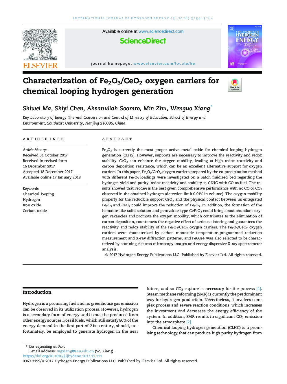 Characterization of Fe2O3/CeO2 oxygen carriers for chemical looping hydrogen generation