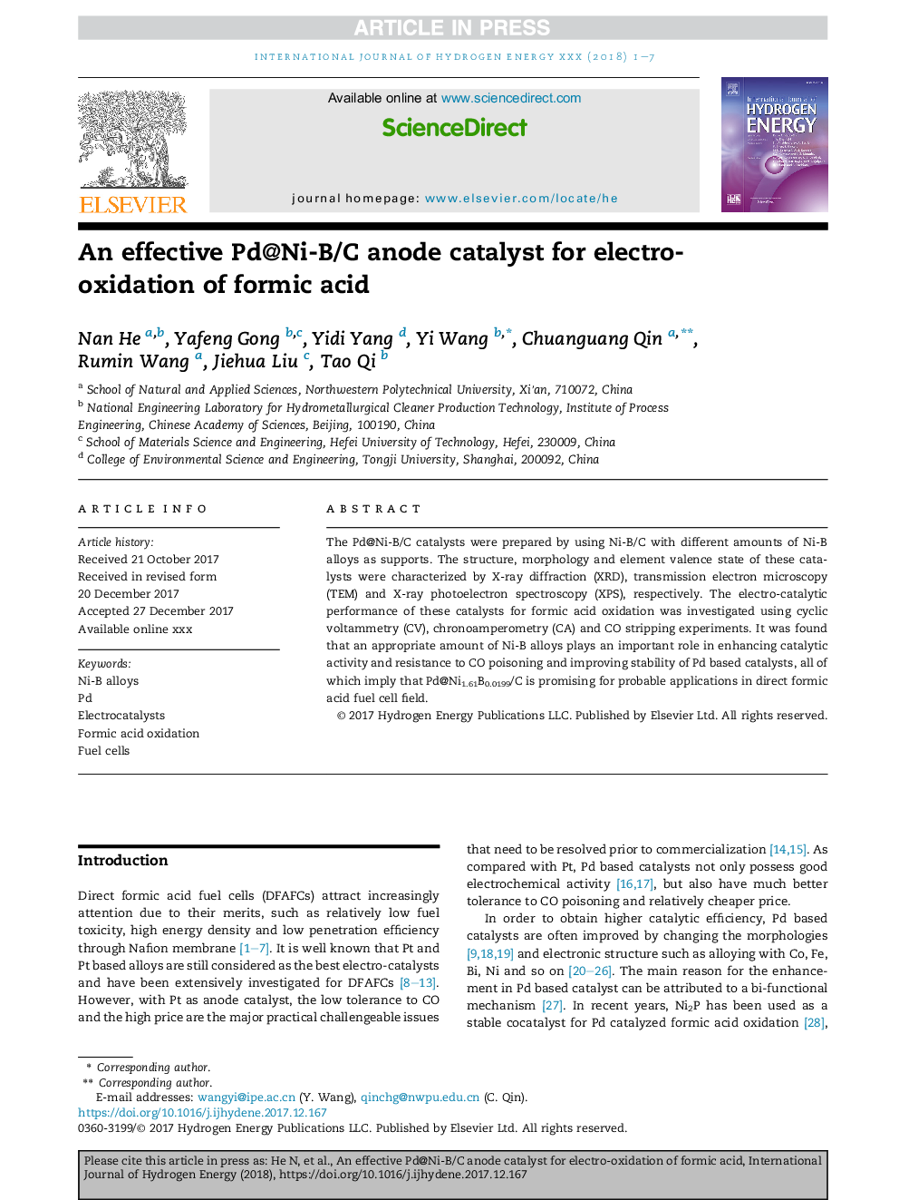 An effective Pd@Ni-B/C anode catalyst for electro-oxidation of formic acid