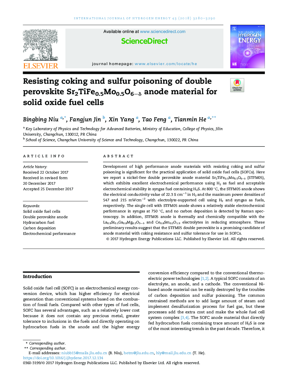 Resisting coking and sulfur poisoning of double perovskite Sr2TiFe0.5Mo0.5O6-Î´ anode material for solid oxide fuel cells