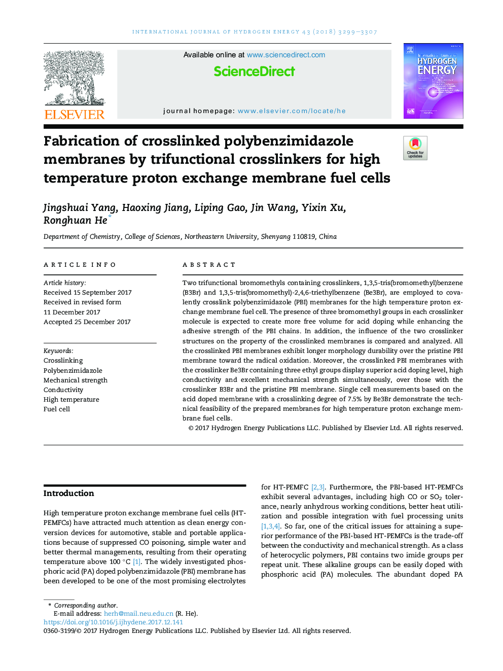 Fabrication of crosslinked polybenzimidazole membranes by trifunctional crosslinkers for high temperature proton exchange membrane fuel cells