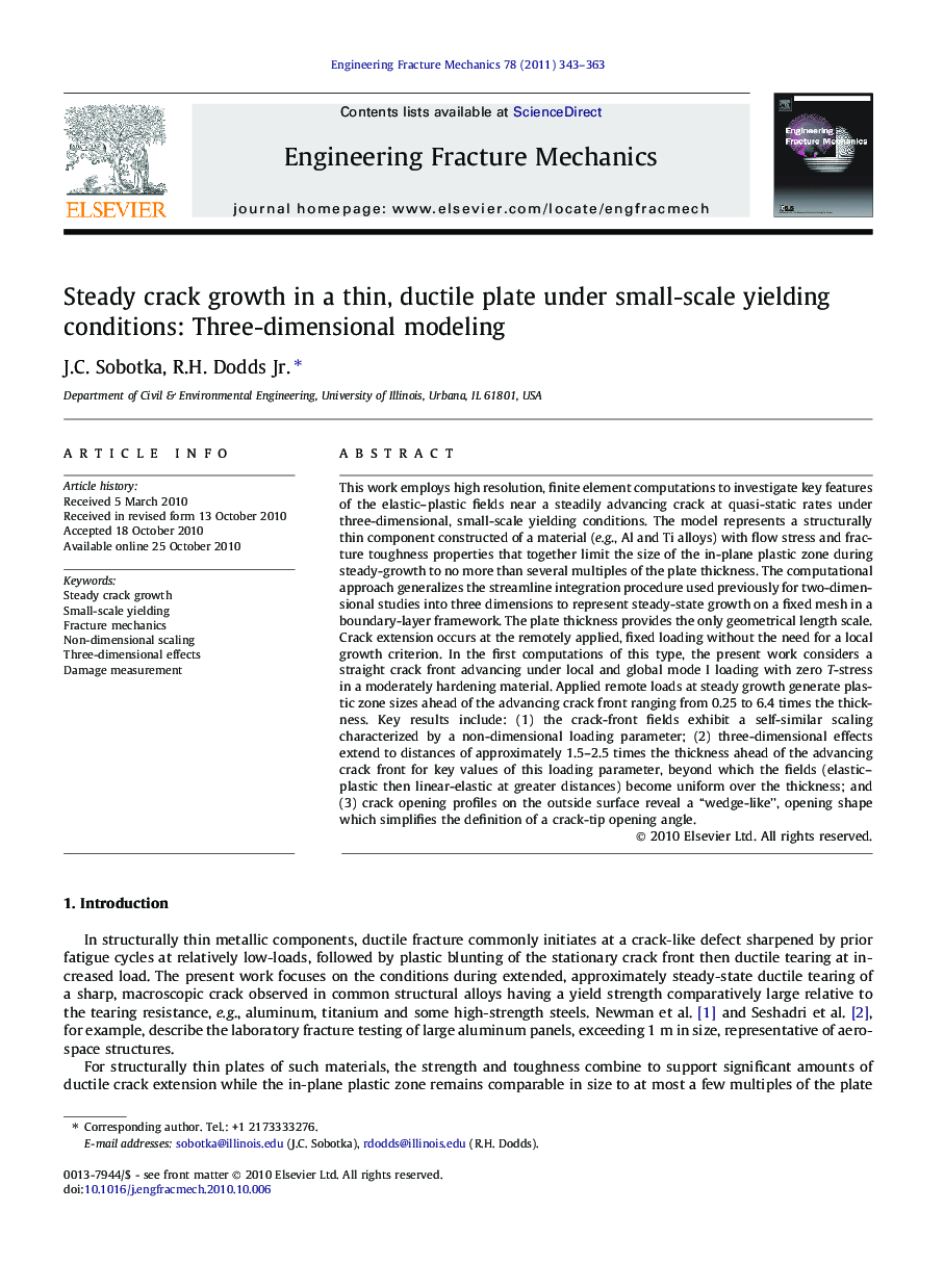 Steady crack growth in a thin, ductile plate under small-scale yielding conditions: Three-dimensional modeling