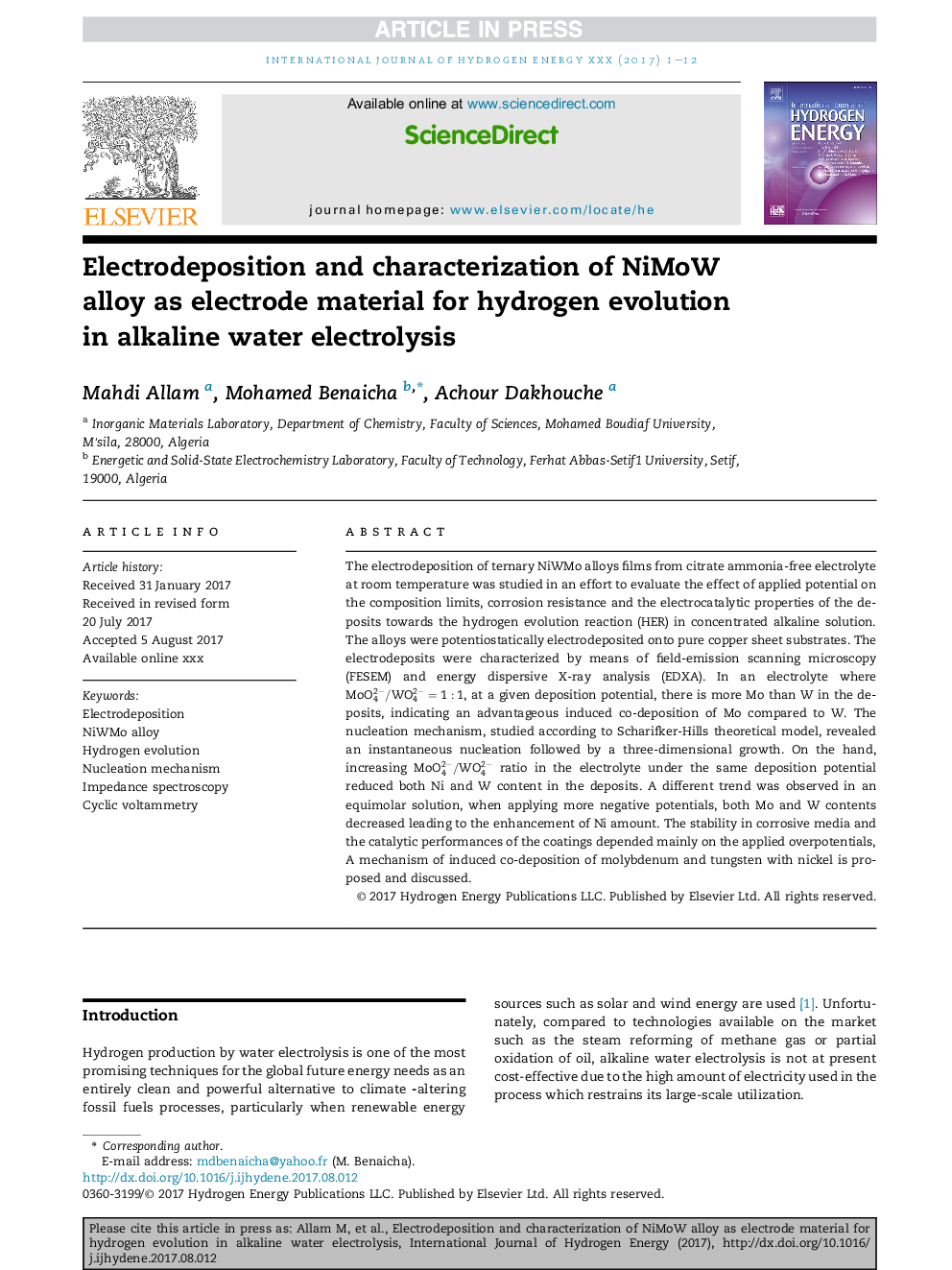 عکس صفحه اول مقاله: Electrodeposition and characterization of NiMoW alloy as electrode material for hydrogen evolution in alkaline water electrolysis Electrodeposition and characterization of NiMoW alloy as electrode material for hydrogen evolution in alkaline water electrolysis