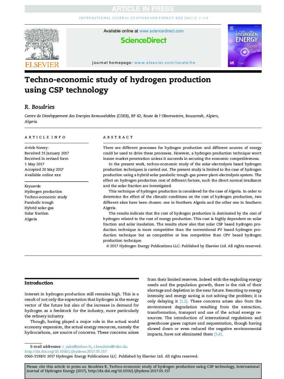 Techno-economic study of hydrogen production using CSP technology