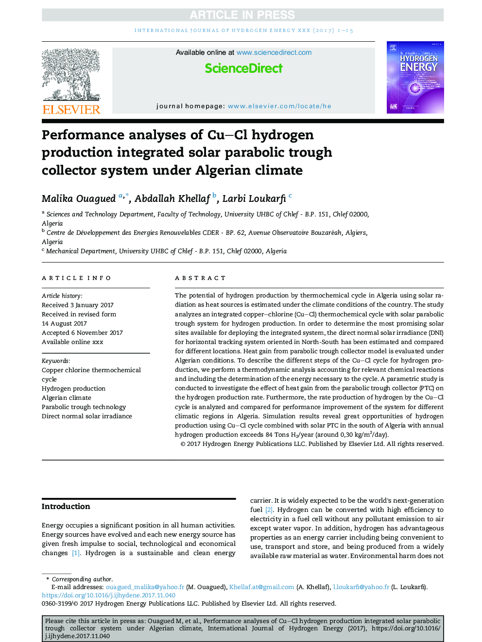 Performance analyses of Cu-Cl hydrogen production integrated solar parabolic trough collector system under Algerian climate