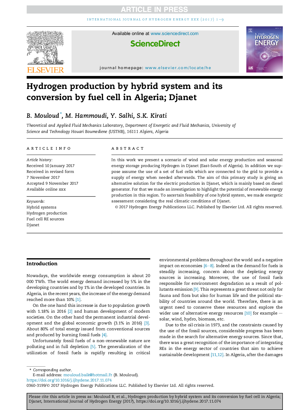 Hydrogen production by hybrid system and its conversion by fuel cell in Algeria; Djanet