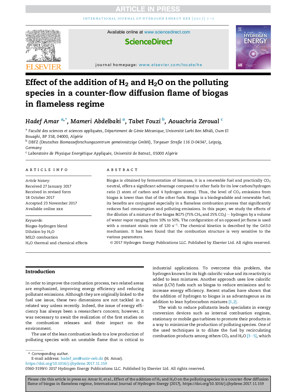 Effect of the addition of H2 and H2O on the polluting species in a counter-flow diffusion flame of biogas in flameless regime