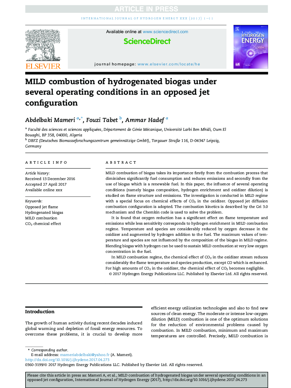 MILD combustion of hydrogenated biogas under several operating conditions in an opposed jet configuration