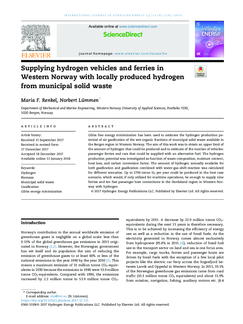 Supplying hydrogen vehicles and ferries in Western Norway with locally produced hydrogen from municipal solid waste