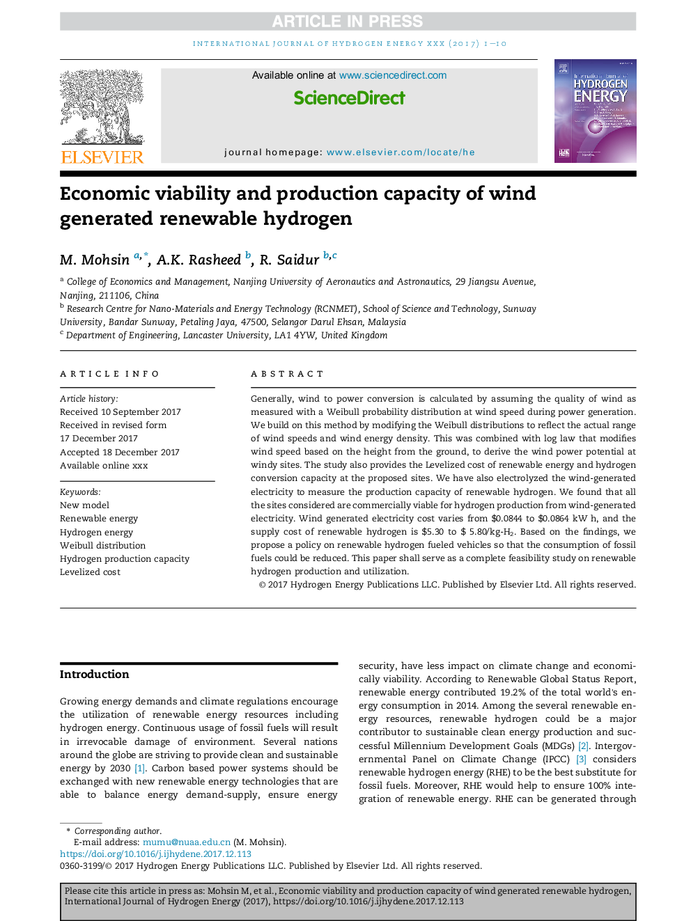 Economic viability and production capacity of wind generated renewable hydrogen