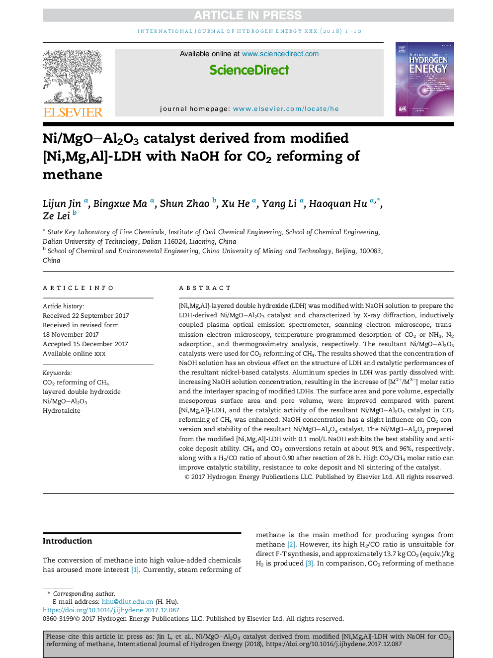 Ni/MgOAl2O3 catalyst derived from modified [Ni,Mg,Al]-LDH with NaOH for CO2 reforming of methane