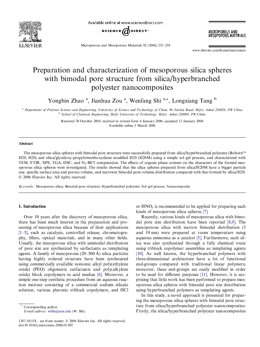 Preparation and characterization of mesoporous silica spheres with bimodal pore structure from silica/hyperbranched polyester nanocomposites