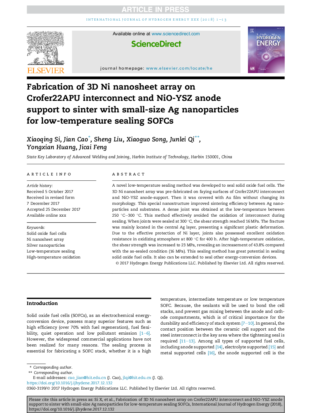 Fabrication of 3D Ni nanosheet array on Crofer22APU interconnect and NiO-YSZ anode support to sinter with small-size Ag nanoparticles for low-temperature sealing SOFCs