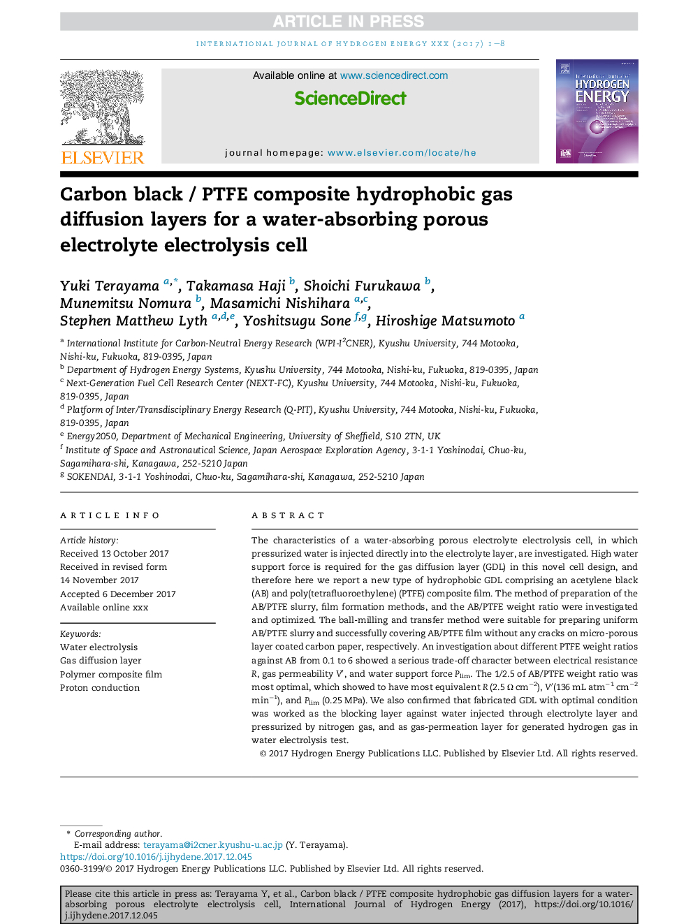 Carbon black / PTFE composite hydrophobic gas diffusion layers for a water-absorbing porous electrolyte electrolysis cell