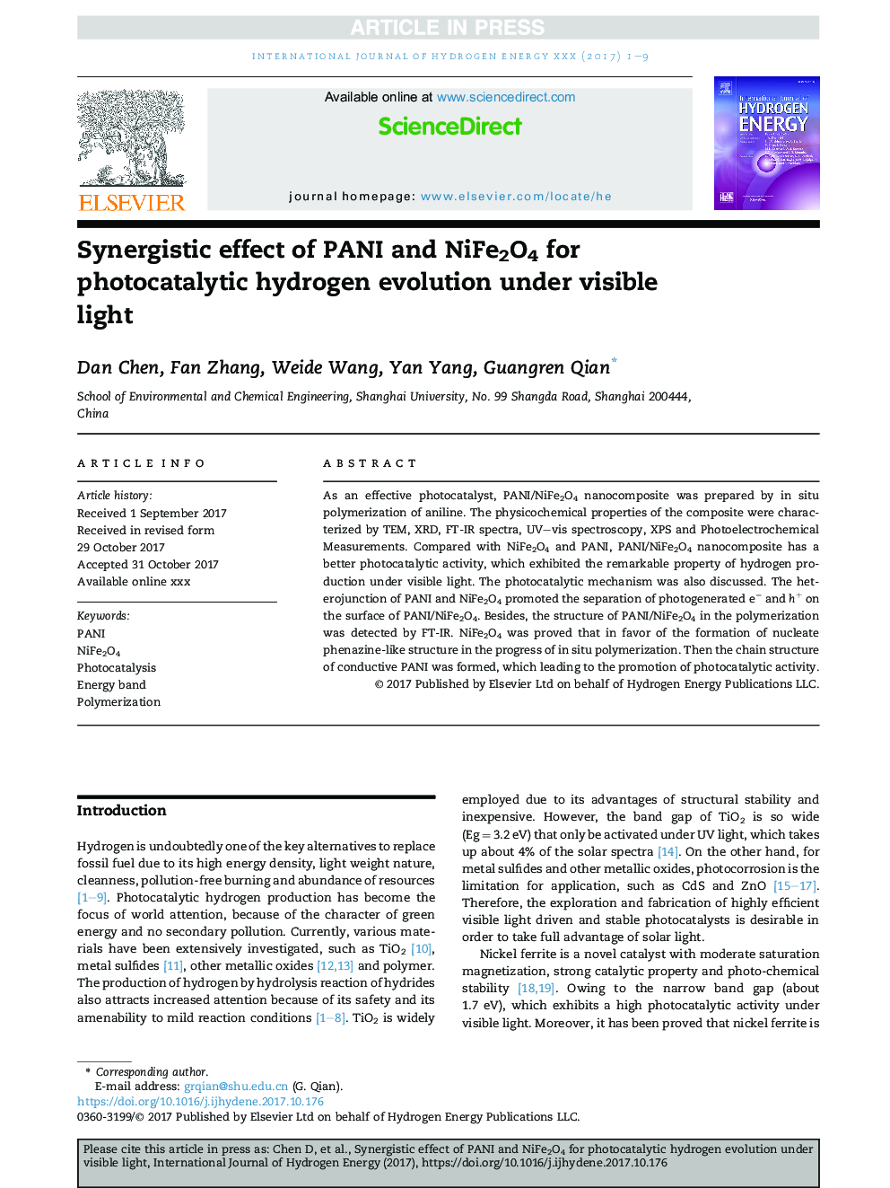 Synergistic effect of PANI and NiFe2O4 for photocatalytic hydrogen evolution under visible light