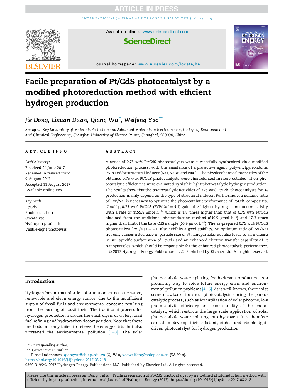 Facile preparation of Pt/CdS photocatalyst by a modified photoreduction method with efficient hydrogen production