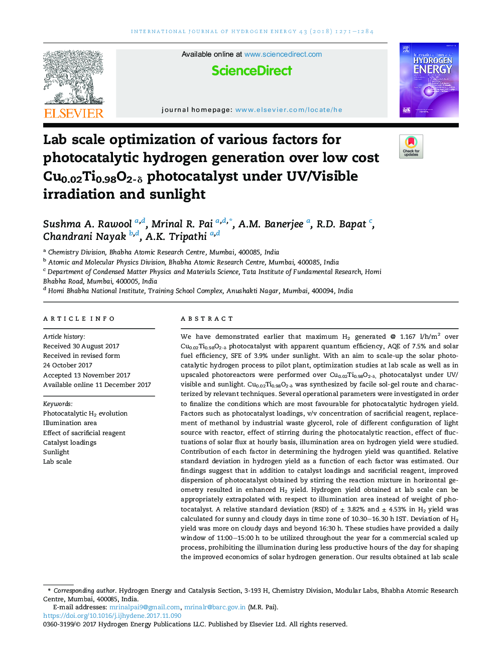 Lab scale optimization of various factors for photocatalytic hydrogen generation over low cost Cu0.02Ti0.98O2-Î´ photocatalyst under UV/Visible irradiation and sunlight