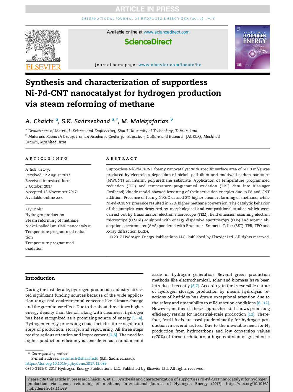 Synthesis and characterization of supportless Ni-Pd-CNT nanocatalyst for hydrogen production via steam reforming of methane