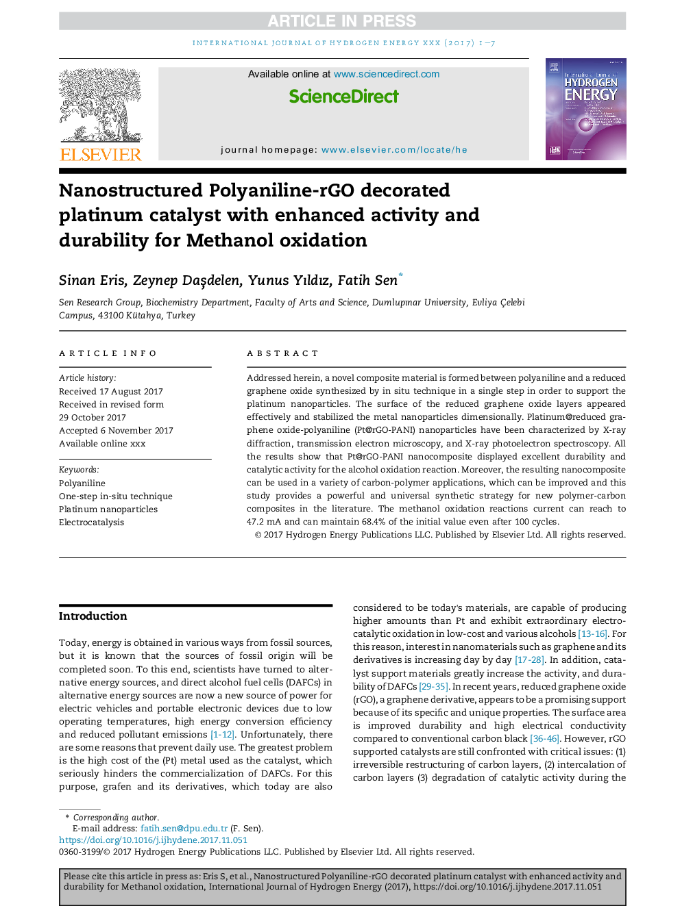 Nanostructured Polyaniline-rGO decorated platinum catalyst with enhanced activity and durability for Methanol oxidation