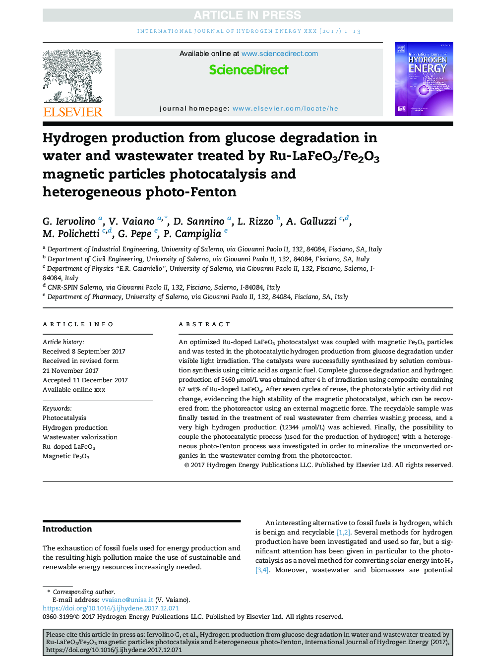 Hydrogen production from glucose degradation in water and wastewater treated by Ru-LaFeO3/Fe2O3 magnetic particles photocatalysis and heterogeneous photo-Fenton