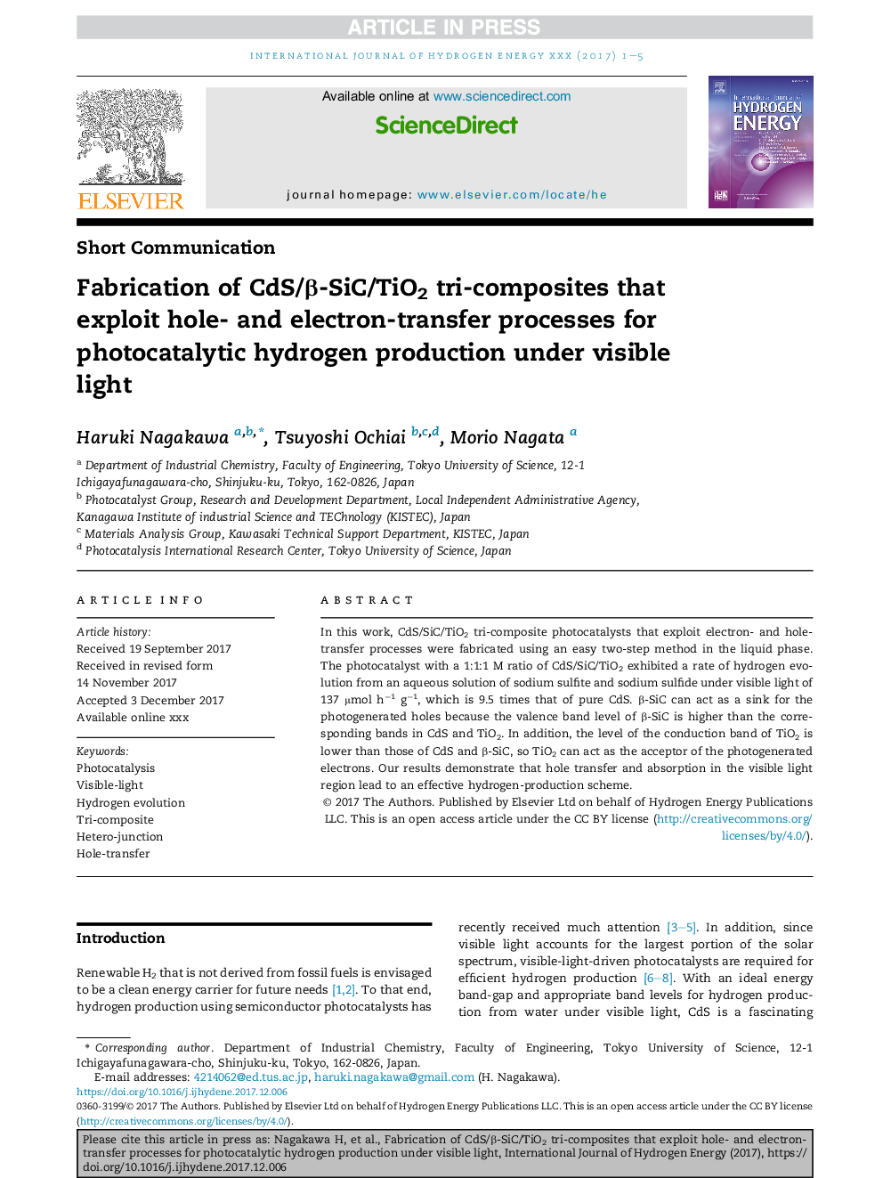 Fabrication of CdS/Î²-SiC/TiO2 tri-composites that exploit hole- and electron-transfer processes for photocatalytic hydrogen production under visible light