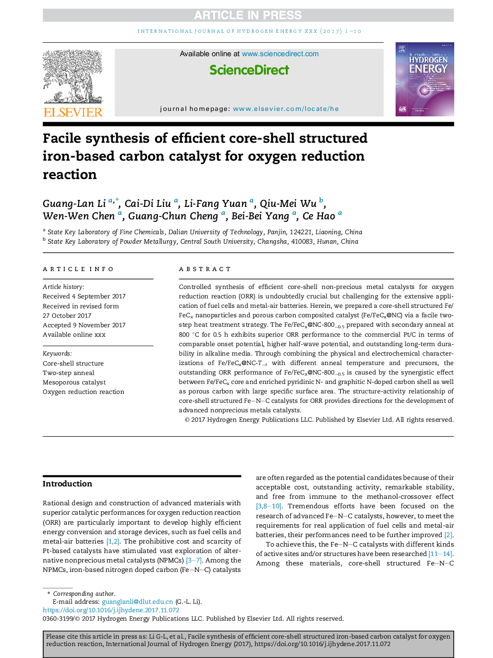 Facile synthesis of efficient core-shell structured iron-based carbon catalyst for oxygen reduction reaction