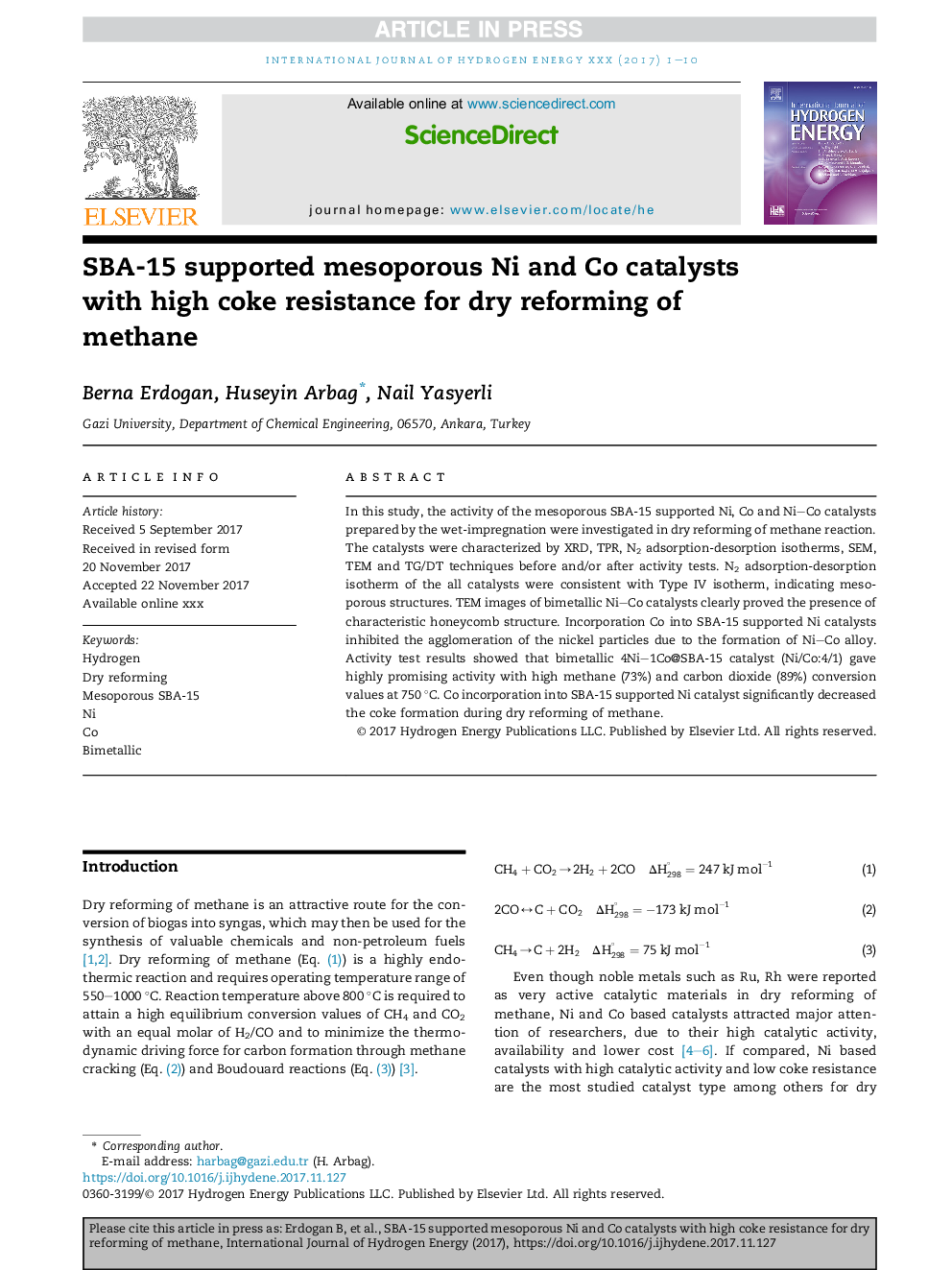 SBA-15 supported mesoporous Ni and Co catalysts with high coke resistance for dry reforming of methane