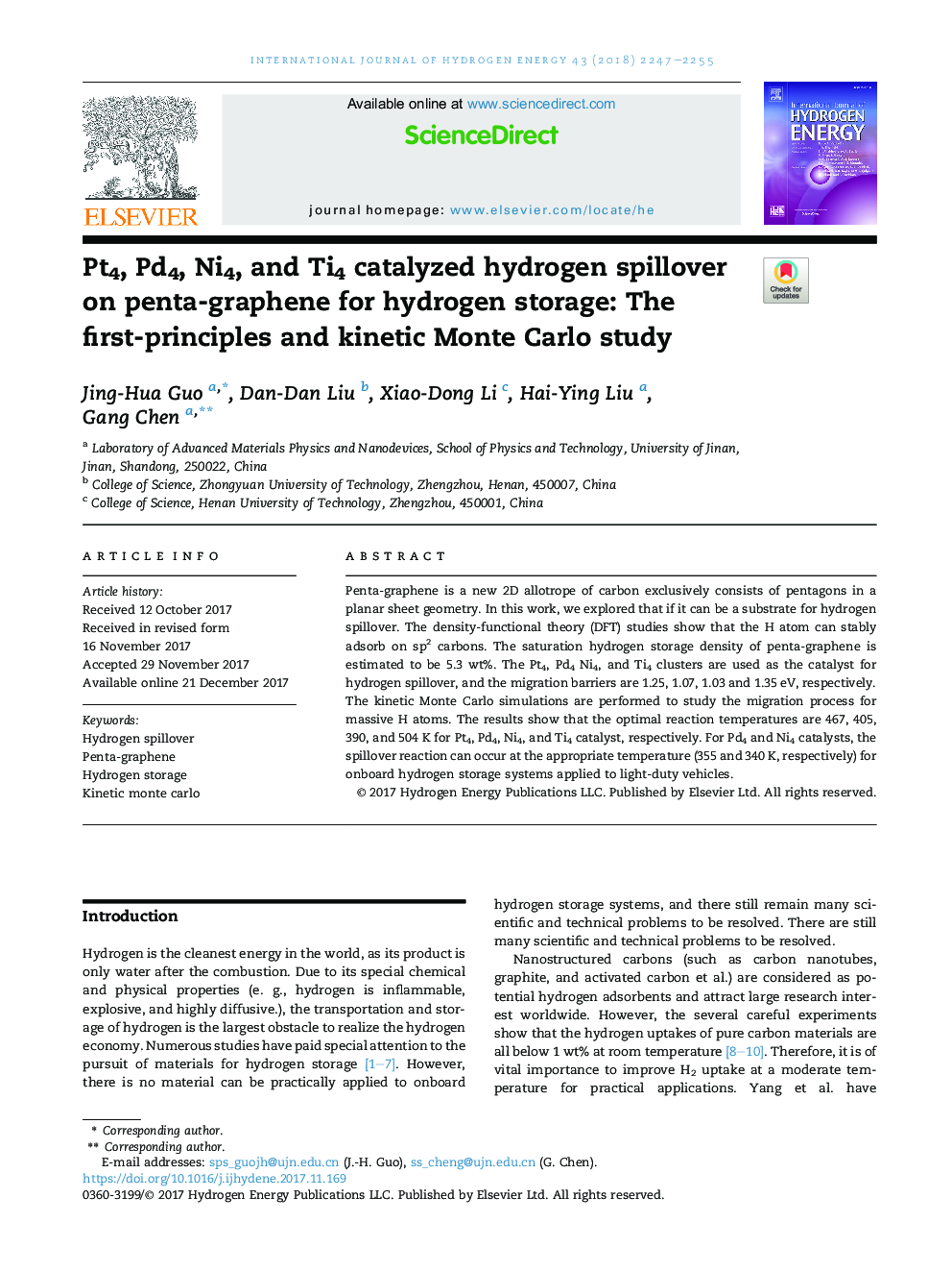 Pt4, Pd4, Ni4, and Ti4 catalyzed hydrogen spillover on penta-graphene for hydrogen storage: The first-principles and kinetic Monte Carlo study