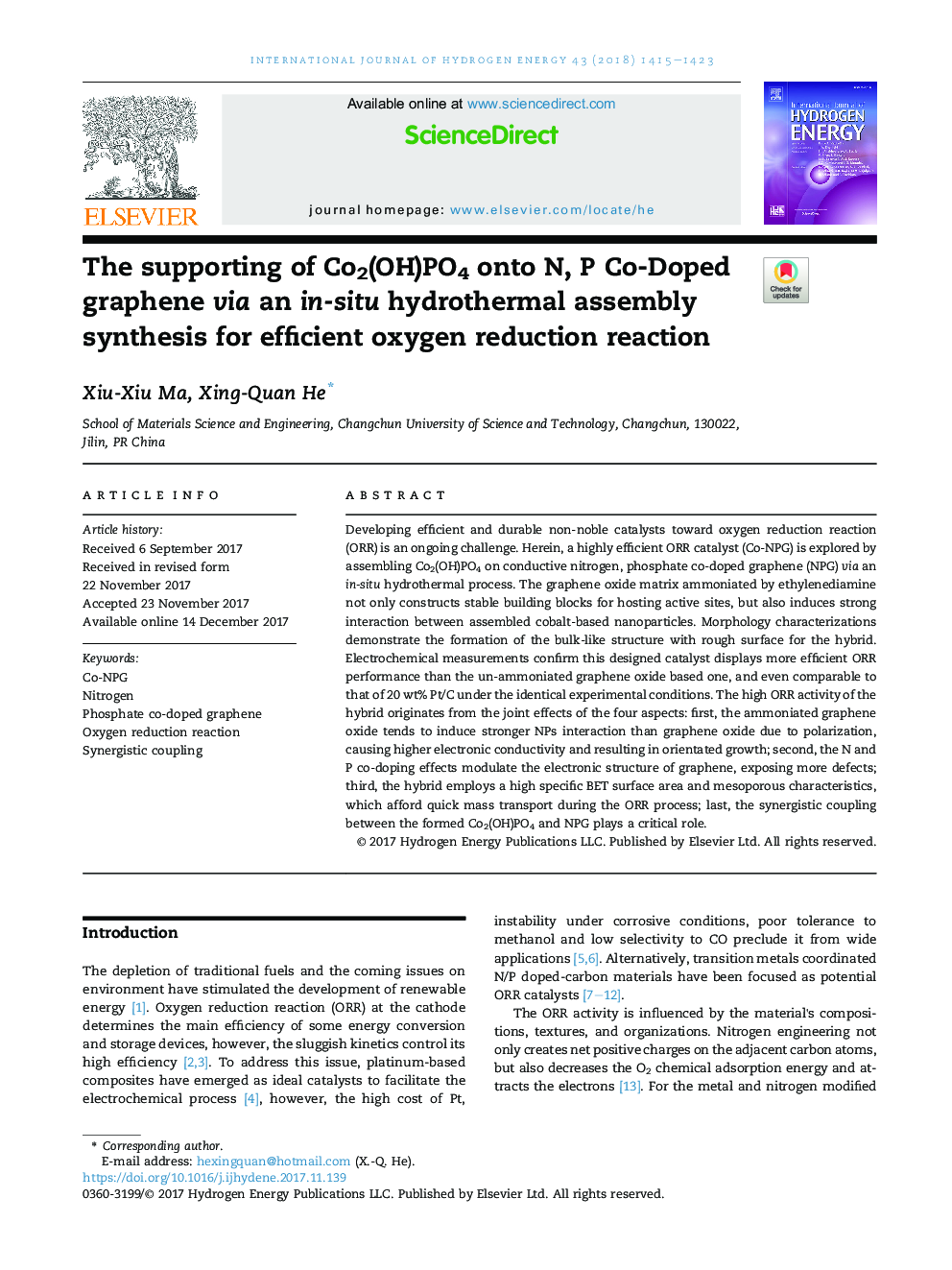 The supporting of Co2(OH)PO4 onto N, P Co-Doped graphene via an in-situ hydrothermal assembly synthesis for efficient oxygen reduction reaction