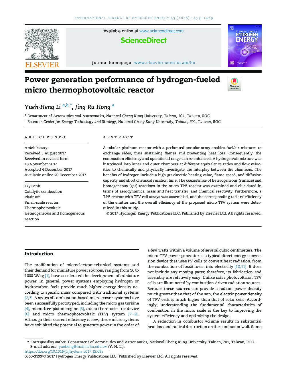 Power generation performance of hydrogen-fueled micro thermophotovoltaic reactor