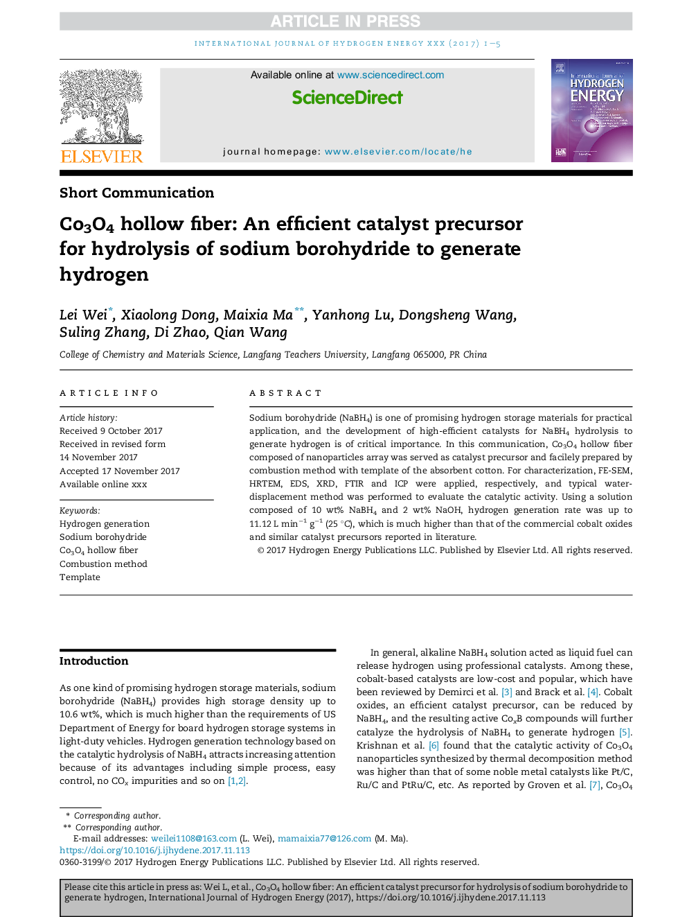 Co3O4 hollow fiber: An efficient catalyst precursor for hydrolysis of sodium borohydride to generate hydrogen