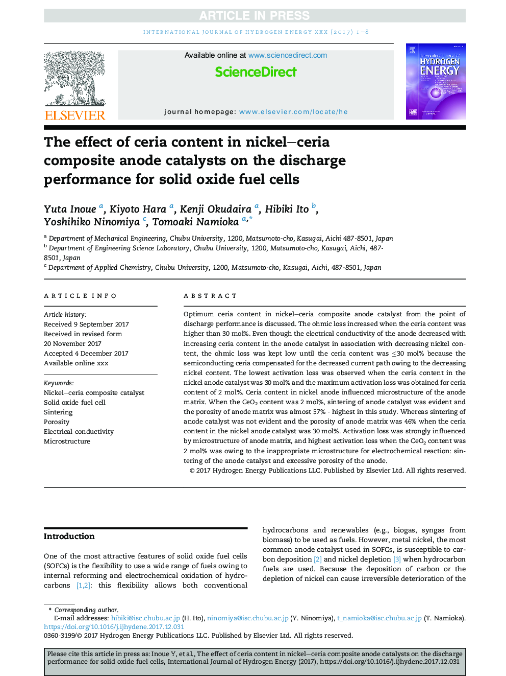 The effect of ceria content in nickel-ceria composite anode catalysts on the discharge performance for solid oxide fuel cells