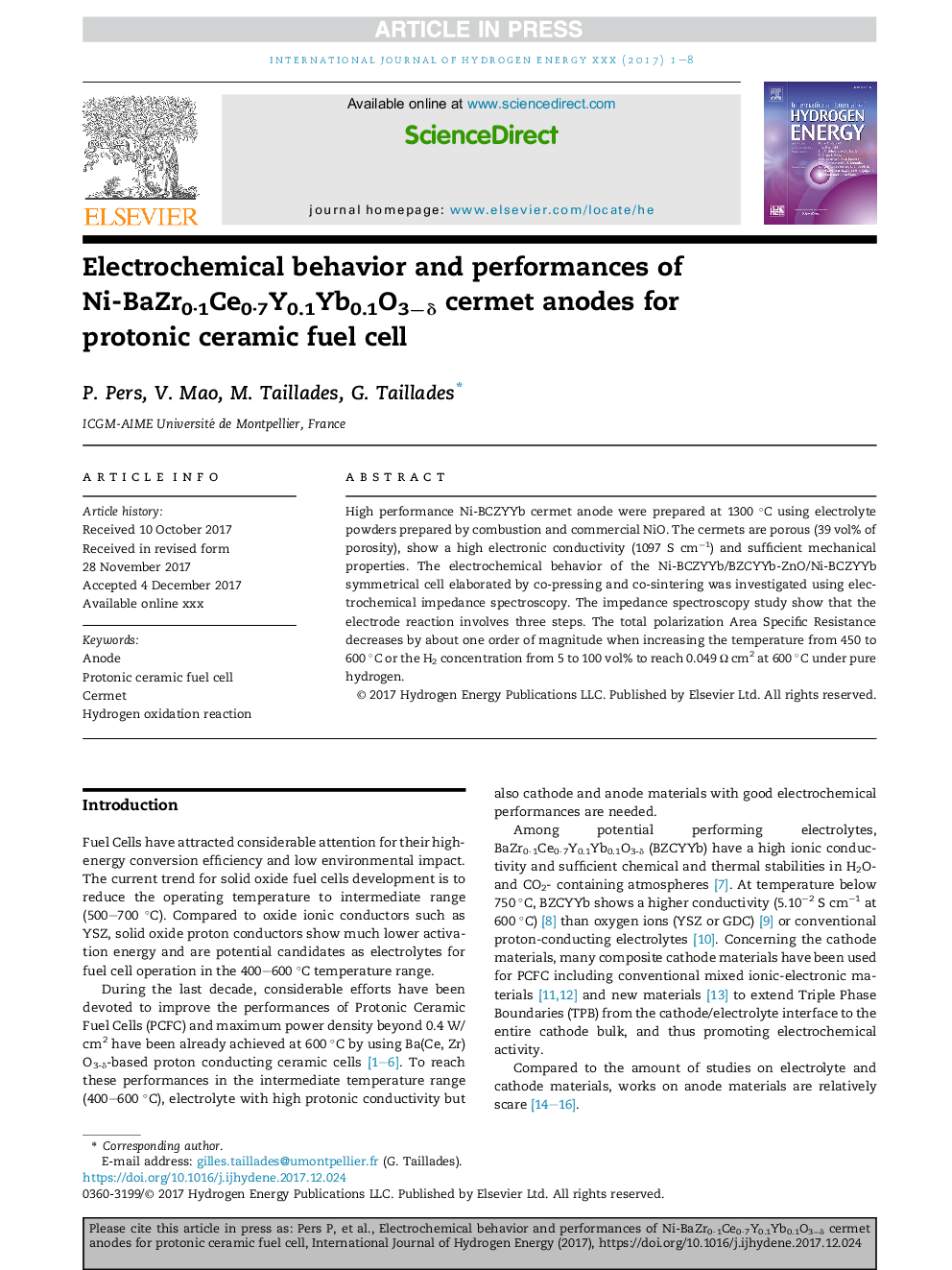 Electrochemical behavior and performances of Ni-BaZr0Â·1Ce0Â·7Y0.1Yb0.1O3âÎ´ cermet anodes for protonic ceramic fuel cell