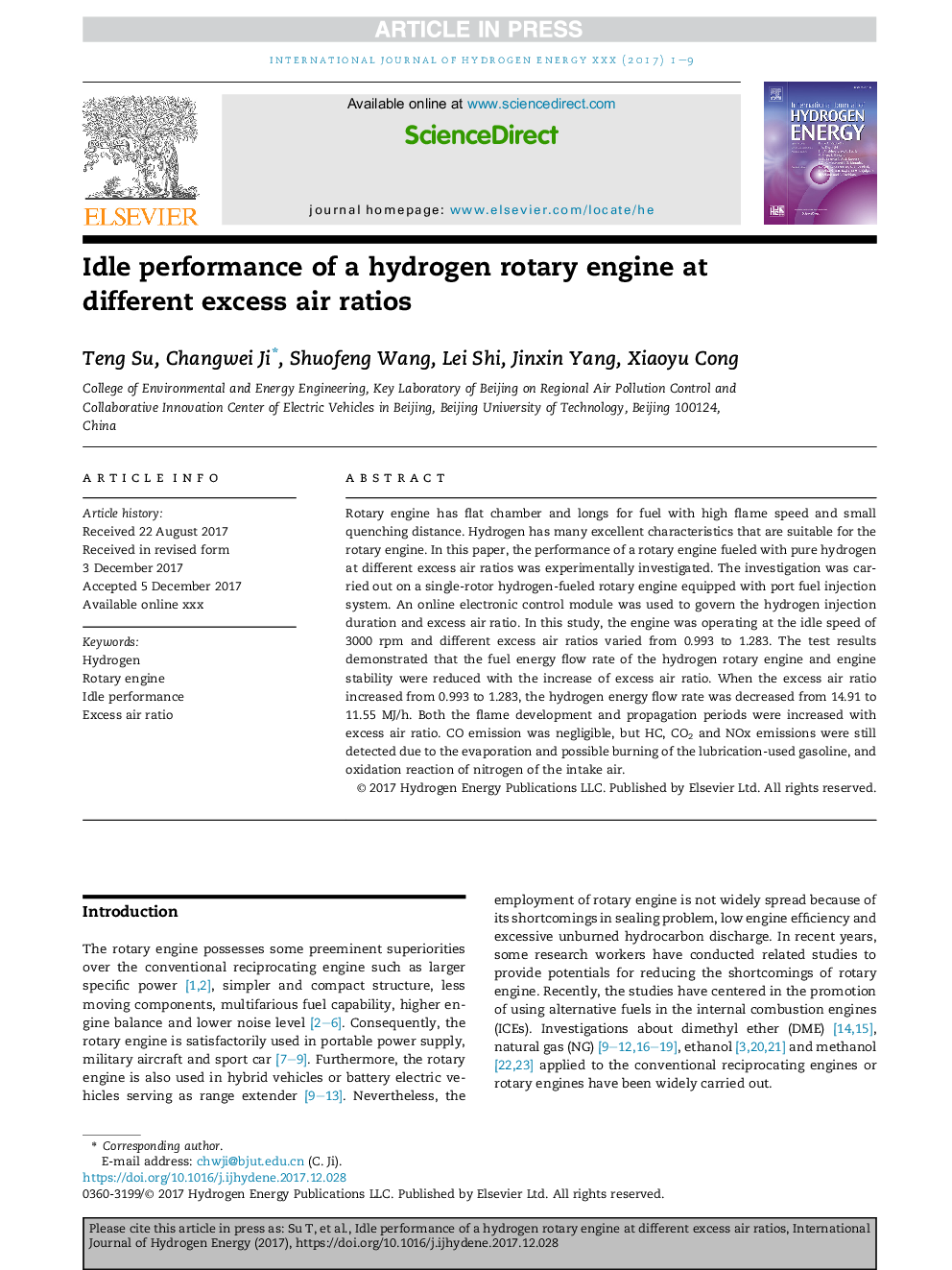 Idle performance of a hydrogen rotary engine at different excess air ratios