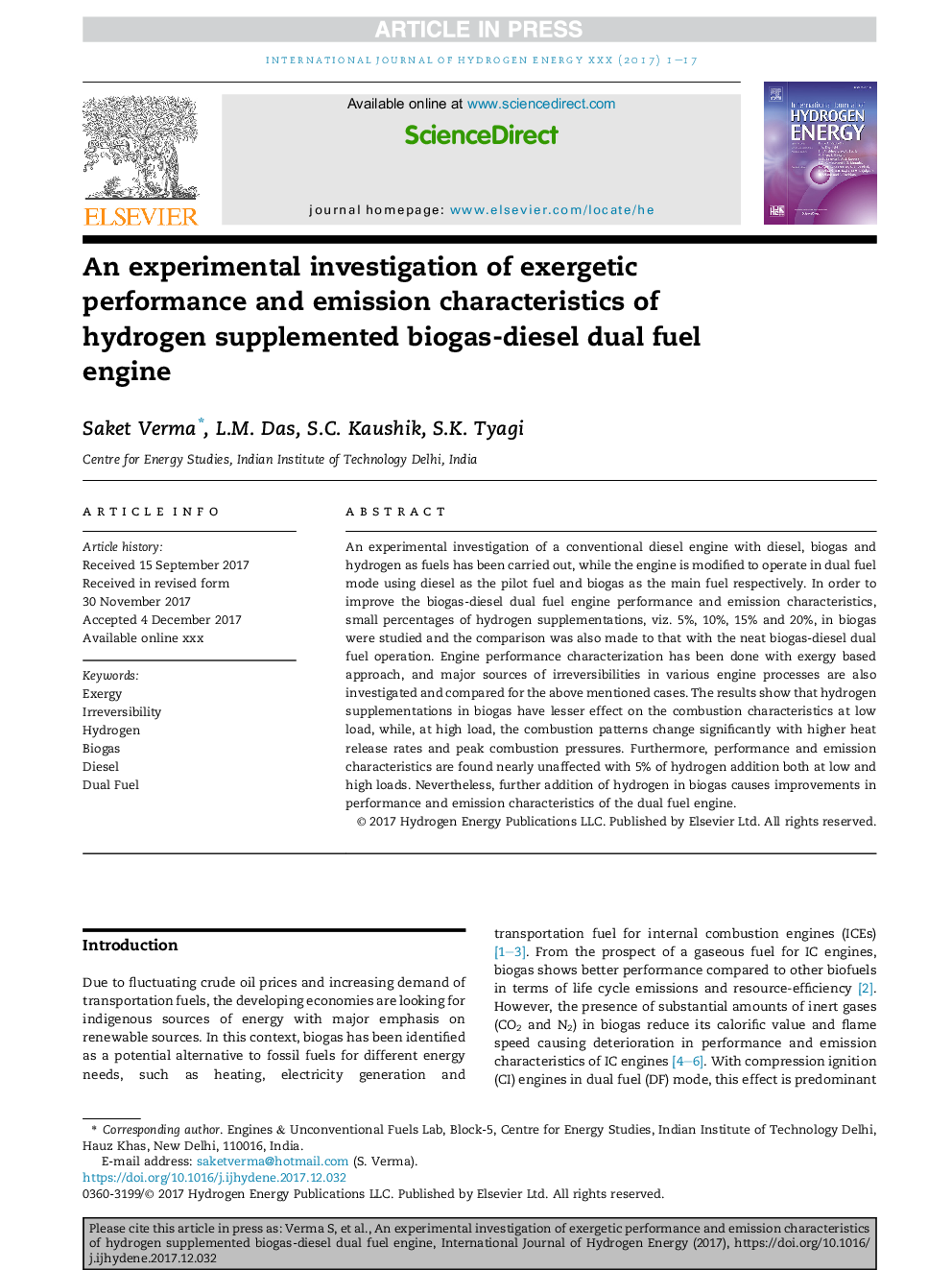 An experimental investigation of exergetic performance and emission characteristics of hydrogen supplemented biogas-diesel dual fuel engine