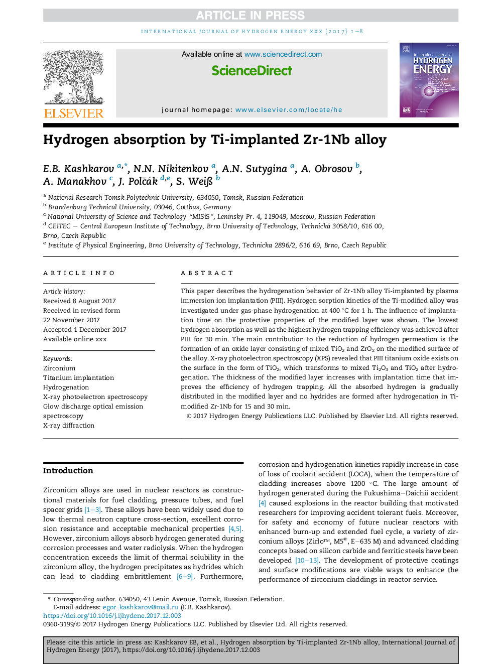 Hydrogen absorption by Ti-implanted Zr-1Nb alloy