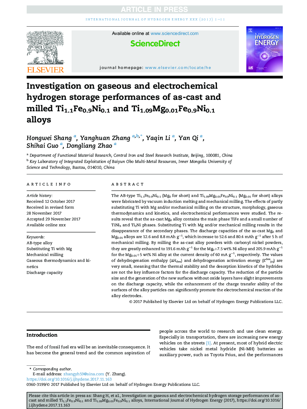 Investigation on gaseous and electrochemical hydrogen storage performances of as-cast and milled Ti1.1Fe0.9Ni0.1 and Ti1.09Mg0.01Fe0.9Ni0.1 alloys