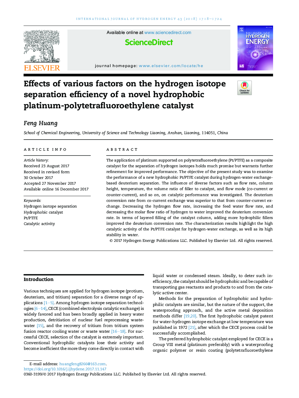 Effects of various factors on the hydrogen isotope separation efficiency of a novel hydrophobic platinum-polytetrafluoroethylene catalyst