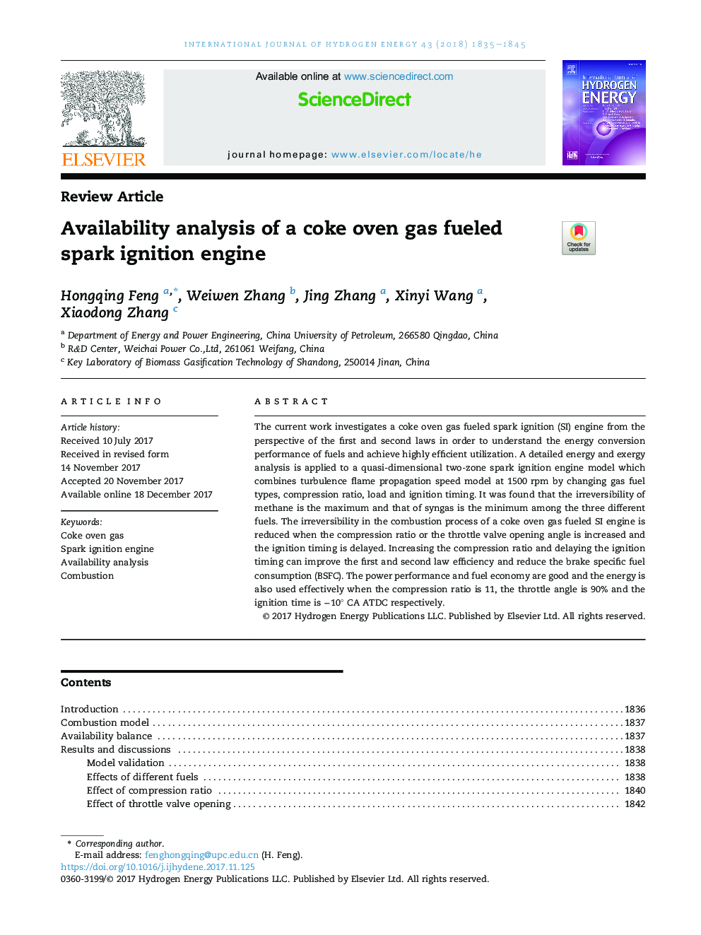 Availability analysis of a coke oven gas fueled spark ignition engine