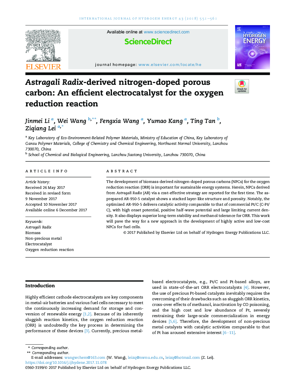 Astragali Radix-derived nitrogen-doped porous carbon: An efficient electrocatalyst for the oxygen reduction reaction