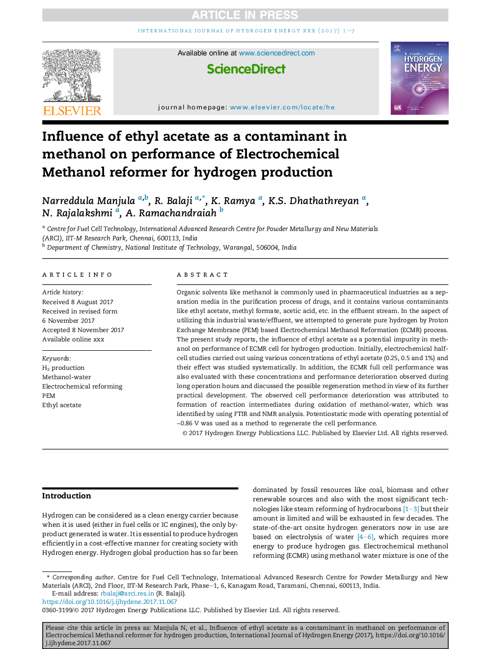 Influence of ethyl acetate as a contaminant in methanol on performance of Electrochemical Methanol reformer for hydrogen production