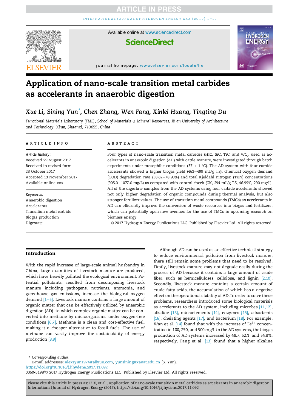 Application of nano-scale transition metal carbides as accelerants in anaerobic digestion