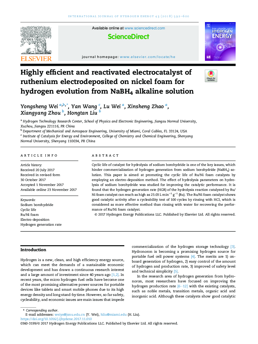 Highly efficient and reactivated electrocatalyst of ruthenium electrodeposited on nickel foam for hydrogen evolution from NaBH4 alkaline solution