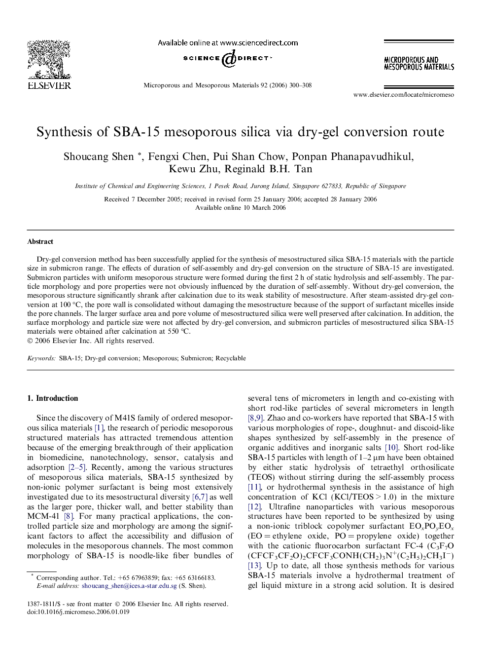 Synthesis of SBA-15 mesoporous silica via dry-gel conversion route