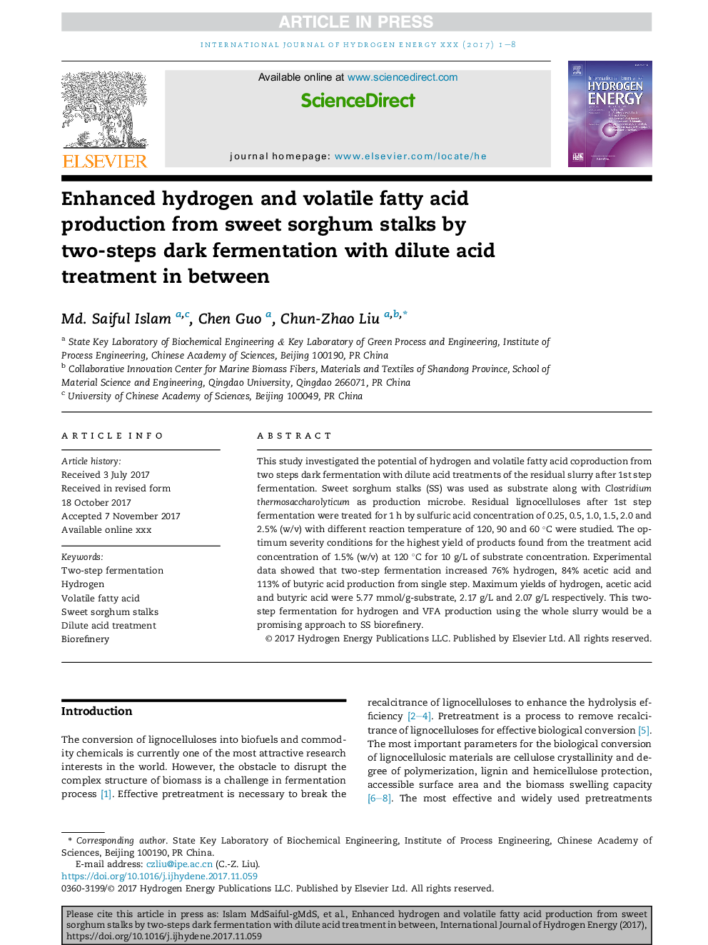 Enhanced hydrogen and volatile fatty acid production from sweet sorghum stalks by two-steps dark fermentation with dilute acid treatment in between