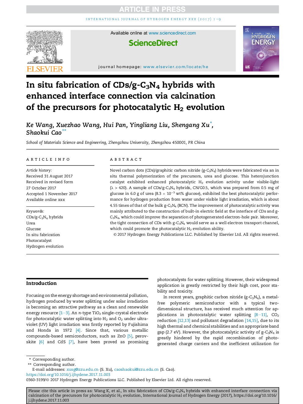 In situ fabrication of CDs/g-C3N4 hybrids with enhanced interface connection via calcination ofÂ the precursors for photocatalytic H2 evolution